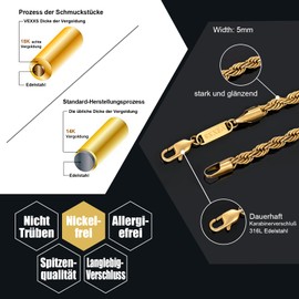 VEXXS Gold Chain Men's Cord Chain, 18 Carat Gold-Plated 3/4/5 mm Stainless Steel Necklace, Men's Chain, Gold Chain for Men, Women, Men, Boys, Jewellery Gift, 46-66 cm, Stainless Steel