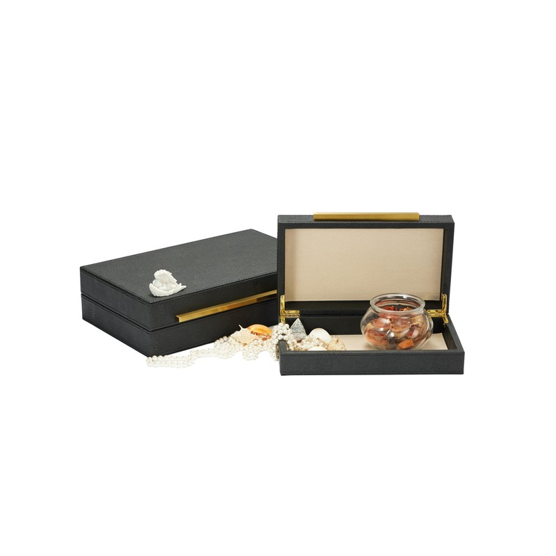 Set of 2 Black Shagreen Leather Decorative Boxes With Gold