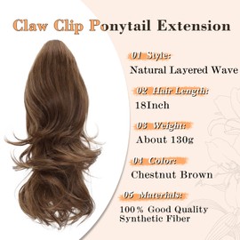 NAYOO Claw Clip Ponytail Extension Chestnut Brown 18" Long Wavy Ponytail Clip in Hair Extensions for Women Curly Natural Layered Pony Tails for Short Thin Hair Synthetic Hairpiece(Chestnut Brown)