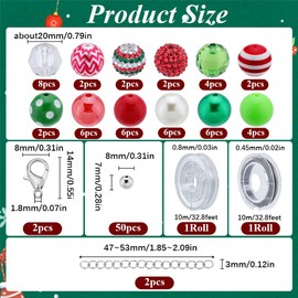 SUNNYCLUE 106Pcs Christmas Bubblegum Beads Xmas Chunky Beads Bulk,Beaded Pen Beads 20Mm Large Red Green Holiday Rhinestone Bead Loose Beads for jewellery Making Bracelet Necklace Pen Craft Supplies