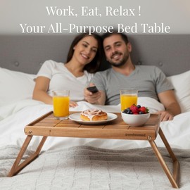 PANDAWOOD Acacia Wood Bed Tray Table - Large Folding Breakfast in Bed Tray with Legs - Laptop Lap Desk for Eating on Couch - TV Dinner Tray with Handles - Foldable Bed Food Tray