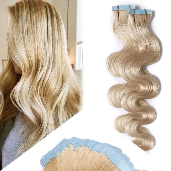 24 Inch Tape in Human Hair Extensions Wavy Thin Hair 100g 40pcs/pack Seamless Skin Weft Glue in Body Wave Human Hairpieces #60 Platinum Blonde