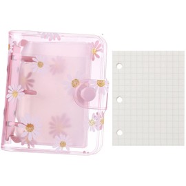 Mini Organizer 3 Hole Binder Stylish Chrysanthemum Pattern Cover Transparent Waterproof Handbook Pocket Size Notepad Trading Card Case with Refill for Students Office (Pink)