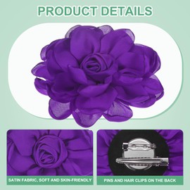 M METERXITY 4-Pack Rose Flower Brooches and Pins for Women, Lapel Pins Dainty Satin Fabric Big Camellia Hair Flowers Clips for Wedding/Parties/Clothes/Jewelry [10cm, Purple]