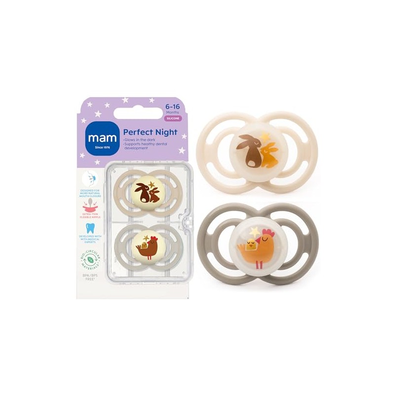 MAM Perfect Night 2 Piece Baby Pacifier, Unisex, 6+ Months