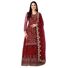 TRENDMALLS Women's Net Embroidery Salwar Suit Set Kurta Lehenga with Dupatta (G112-Maroon-S)