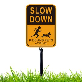 Felexdo Large Slow Down Sign with Stake, 14”x10”Kids and Pets at Play Yard Metal Sign with 36”Strong Steel Stake Easy Installation for Street or Roa