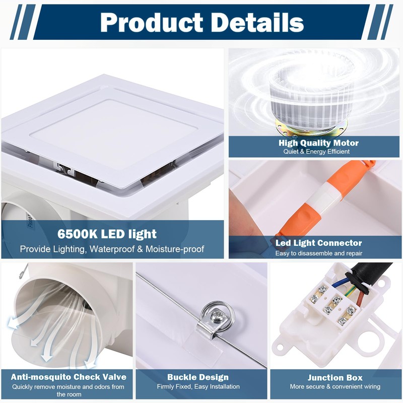 FEITON Square Bathroom Exhaust Fan with LED Light, 110 CFM