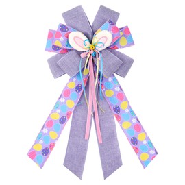 Easter Wreath Bows, Large Easter Rabbits Burlap Bows Holiday Bow Rabbits Bunny Bows for Wall Indoor Outdoor Decor (Purple)