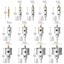 YOSIGHT 16Pcs Upgrade Heavy Duty Carbide Hole Saw Kit - Metal Steel Hole Saw Drill Bits TCT Hole Cutter with 1Pc Center Drill 2Pcs L-Wrench - Hole Saw Set for Metal, Steel, Iron, Alloy, Copper