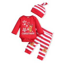 Wexuua My First Christmas Baby Girls Boys Red Romper with Stripe Pants and Hat 3Pcs Newborn Outfit Set