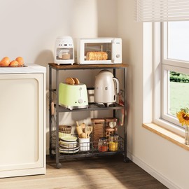 Rolling Kitchen Microwave Stand, 3-Tier Microwave Cart Table with Wood Top and Wire Basket, Coffee Bar Table on Lockable Wheels, Small Baker’s Rack Shelf Organizer for Kitchen, Dining Room, Office