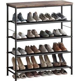 INGIORDAR Shoe Rack Organizer 5 Tier Metal Organizer Shelf with Industrial MDF Board and Layer Fabric for Entryway Closet Bedroom Living Room Garage,Black & Rustic Brown (Black+Rustic Brown, 5 Tier)