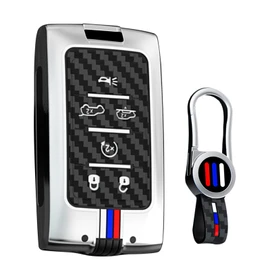 ontto Key Fob Cover Fit for Jeep Grand Cherokee L Grand Cherokee Grand Wagoneer 2021 2022 2023 2024 Car Accessories,Carbon Texture Key Holder 360 Degree Full Protection,Silver
