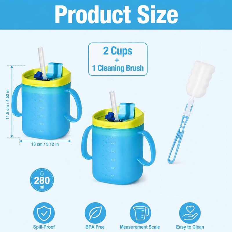 2PCS Elderly Spill Proof Cups, 280ML Unspillable Cup with 2