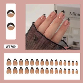 Black French Press on Nails Short Almond False Nails Glossy French Stick on Nails with Gold Lines Design Coffin Acrylic Nails Full Cover Press Ones Artificial Nails Short Glue on Nails for Women
