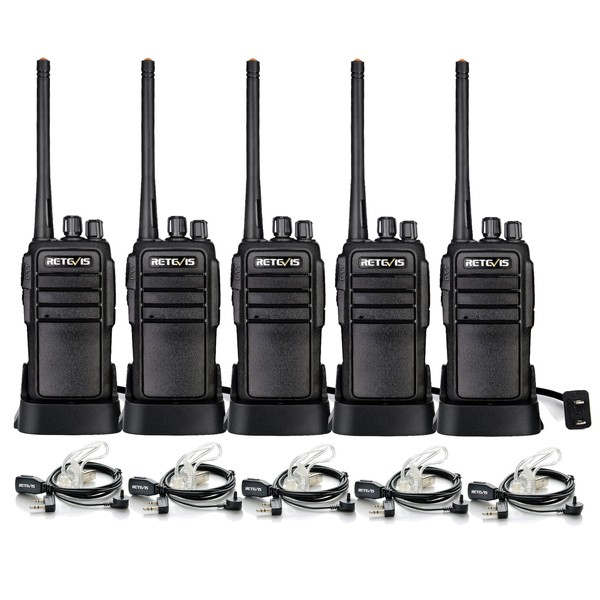 Case of 5,Retevis RT21 Walkie Talkies for Adults Long Range, Handfree Rugged Two Way Radio with Earpiece for Commercial Construction Warehouse Security 2 Way Radios Black