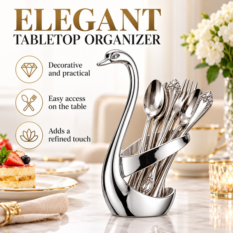 Elegant Swan Spoon and Fork Holder, Decorative Metal Cutlery Organizer