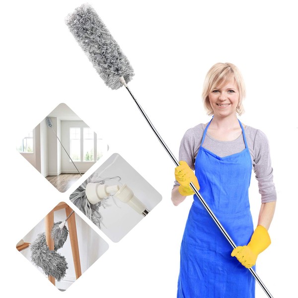 Microfiber Duster with Extension Pole 30" to 100", Bendable Washable High Reach Duster for Cleaning Ceiling Fan, Furniture, Car