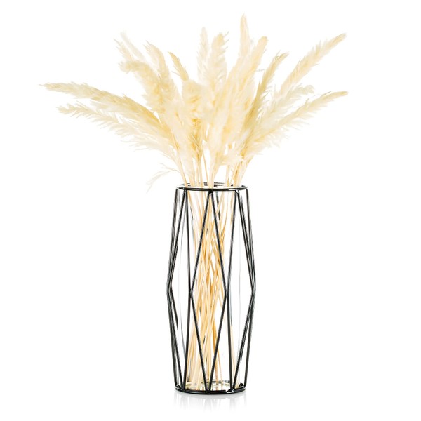 Glass Flower Vase with Geometric Metal Rack Stand, Modern Vase for Pampas Grass Rose Tulips, Centerpiece for Living Room Dining Table Wedding, Black, 26cm Height