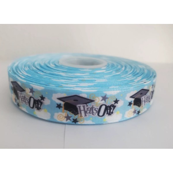 7/8 INCH GRADUATION HATS OFF ON LIGHT BLUE GROSGRAIN RIBBON-