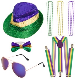 10 Pieces Mardi Gras Costume Accessory Set, Fedora Sequins Party Favour Includes Mardi Gras Fedora Hat Mardi Gras Necklace Beads for Men Women