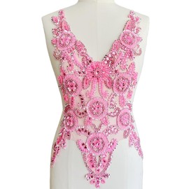 ZYZZX Pure Handmade Large Beads Rhinestones lace Applique Bodice Patches Trimming sew on Sequins Stones Beads Shining Heavy Decoration for Wedding Dress DIY Accessories 12X21in (Pink)