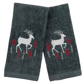 Holiday Christmas Cotton Towels: Noble Reindeer Buck Deer Design, Gray Silver Red White, Set of 2