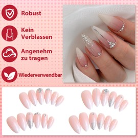 MrCuvaryas Press on Nails - 24 Pieces Pink Colour Gradient Artificial Fingernails for Sticking, Fingernails for Sticking Acrylic Full Cover for Women and Girls Nail Art DIY (White Diamonds, 12 Sizes)