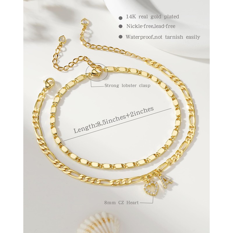 YOFECIO Ankle Bracelets for Women,14K Gold Plated Initial Anklets Dainty