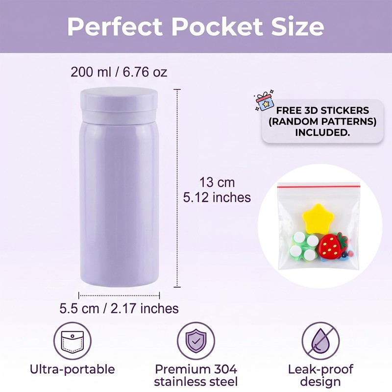 Borraccia Termica Piccola 200ml, Mini Borraccia Acciaio Inox da Borsetta