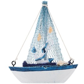 VOSAREA Wooden Sailing Boats Model with Fishing Net Anchor Shell Nautical Maritime Decoration Home Ornament Table Decoration