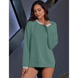 AKEWEI Fall Hoodies Pullover Color Block Crewneck Long Sleeve Tunics to Wear with Leggings 2024 Fashion Gray Green,M