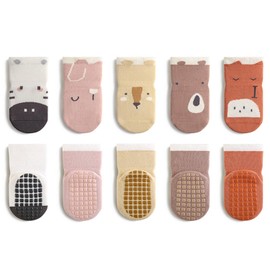 5 Pairs, BlissToneha Non Slip Grip Toddler Baby Floor Socks Soft Cotton Crew Socks for 0-5 Year Girl Boy (AU, Age, 0 Months, 1 Year, Fox)