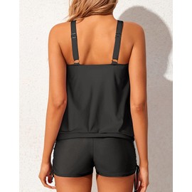 Yonique Blouson Tankini Swimsuits for Women 2 Piece Bathing Suits Tops with Boyshorts Modest Loose Fit Swimwear, Black Tankini, Medium