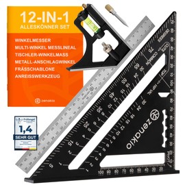 ZENAKIO Zimmermannswinkel 12-IN-1 - Komplettes Set mit Anschlagwinkel (Set of 2) - Schreinerwinkel Metall 185mm + Schmiege Anrei?werkzeug 300mm - Winkel Holzbearbeitungswerkzeug - Mit Winkelmesser