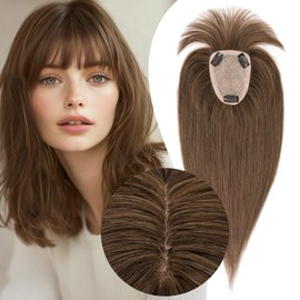 S-noilite Hair Toppers for Women Real Human Hair, 100% Human Hair Toppers with Bangs for Thin Hair,3.5"*4.7" Handmade Nature-mimicking Scalp Base 10” Natural Brown