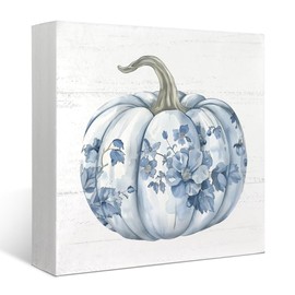 XYDEG Chinoiseriel Blue Fall Decor Blue Pumpkin Wooden Box Sign,Neutral Fall Decor,Thanksgiving Decorations Wood Block Plaque Rustic Fall Decor for Home Indoor Living Room Office Kitchen Bedroom