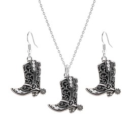 WCRAZYE Western Cowgirl Cowboy Texas Boots Earrings Necklace Set Western Jewelry for Women Fun Country Earrings Western Cowgirl Boot Hat Dangle Earrings (Vintage Silver Boot)
