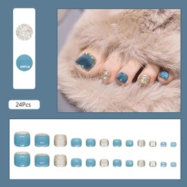 24 Pcs Blue Square Press on Toenails Short Fake Toe Nails French Nail Tips Full Cover Acrylic Toe Nail Press ons Glitter False Nails Artificial Reusable Stick Glue on Toenails for Women