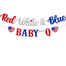 Jiinxunn Red White and Blue Baby-Q Banner, Happy 4th of July Baby Shower Decorations, Independence Day Gender Reveal Decor Patriotic Theme Kids Boy Girl Birthday Party Supplies