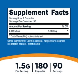 Nutricost L-Citrulline 750mg, 180 Capsules (2 Bottles)