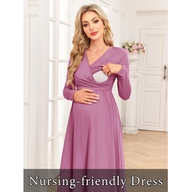 AISWI 2025 Maternity Nursing Dress with Pockets Long Sleeve V Neck Wrap A Line Pregnancy Midi Dresses Baby Showers, Solid, Plum, Medium