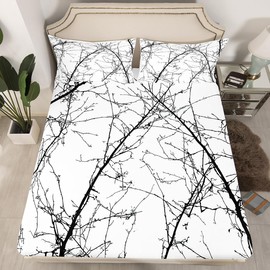 Feelyou Tree Branches Fitted Sheet Tree Pattern Printed Bed Sheet Set Botanical Decor Bedding Set for Kids Teens Adults Soft Bed Cover Black White Room Decor Twin Size
