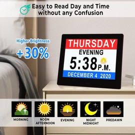 Véfaîî 19 Alarms Dementia Clock 8 Inch Large Display, Auto DST, 10 Levels Auto Dimmable, Non-Abbreviated Date and Day Calendar Clock for Seniors, with Power Adaptor, Picture Frame Feature