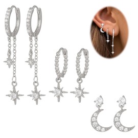 IKOPFLN Earrings Silver Earrings 3 Pairs Set for Multiple Ear Holes Helix Piercings for Women Platinum Plating Stud Earrings Set Small Hoop Earrings Silver Earrings Women's Stackable Zirconia Stud