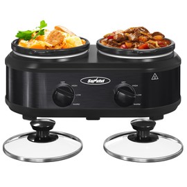 Sunvivi Dual Slow Cooker, Buffet Server & Warmer with 2 Removable Ceramic Pots, 3 Adjustable Temp Settings & 2 Visible Glass Lids, Stainless Steel, 2 * 1.25 Quarts Black