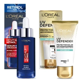 Kit L'Oréal Paris Revitalift: Sérum de Retinol Nocturno + Protector Solar UV Defender – Antiarrugas, Antibrillo y Protección Diaria