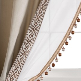Lush Decor Luxury Vintage Velvet and Sheer with Border Pompom Trim Window Curtain Panel (Single), 84" L x 42" W, Taupe & Ivory