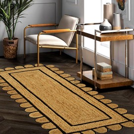 GRUHUM Scalloped Jute Area Rug 2'6"x4' ft Natural Base Black Trim Handwoven Runner Boho Reversible Soft Braid Farmhouse Jute Runner Rug Indoor Eco Friendly Livingroom Bedroom Kitchen Hallway Enterway